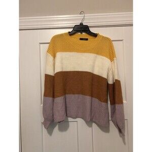 Zaful Striped Balloon Sleeve Pullover Sweater Waist Length Yellow Rust Purple OS